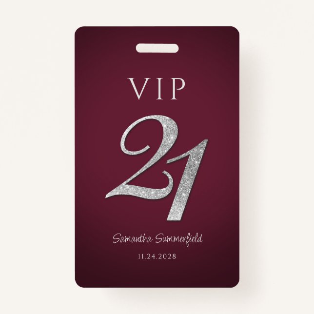 Burgundy 21st Birthday Silver Glitter VIP ID Badge (Front)