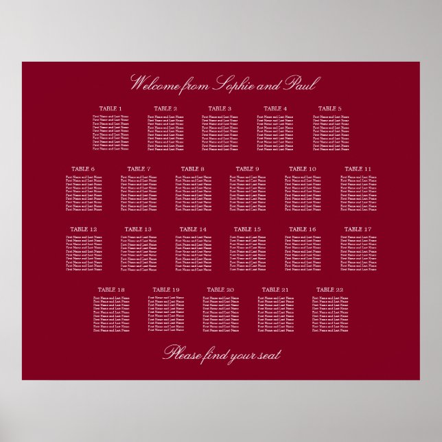 Burgundy 22 Table Wedding Seating Chart Poster (Front)