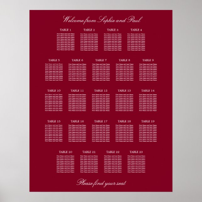 Burgundy 23 Table Wedding Seating Chart Poster (Front)