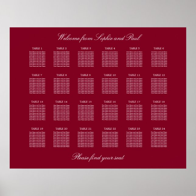 Burgundy 24 Table Wedding Seating Chart Poster (Front)