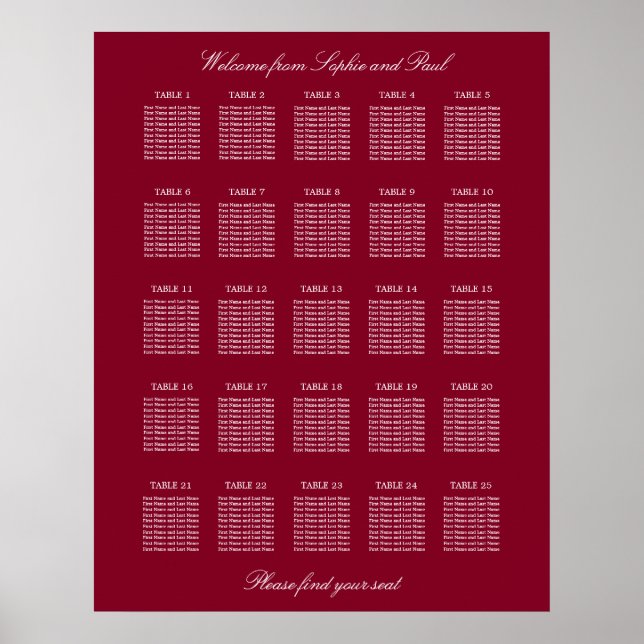 Burgundy 25 Table Wedding Seating Chart Poster (Front)