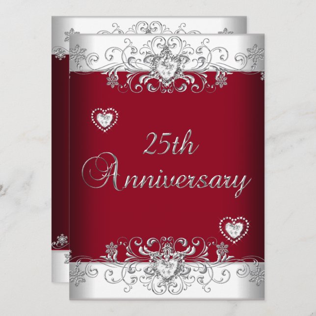 Burgundy 25th Wedding Anniversary Diamond Hearts Invitation (Front/Back)
