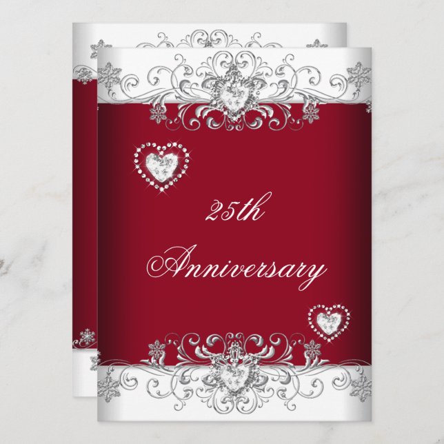Burgundy 25th Wedding Anniversary Diamond Hearts Invitation (Front/Back)