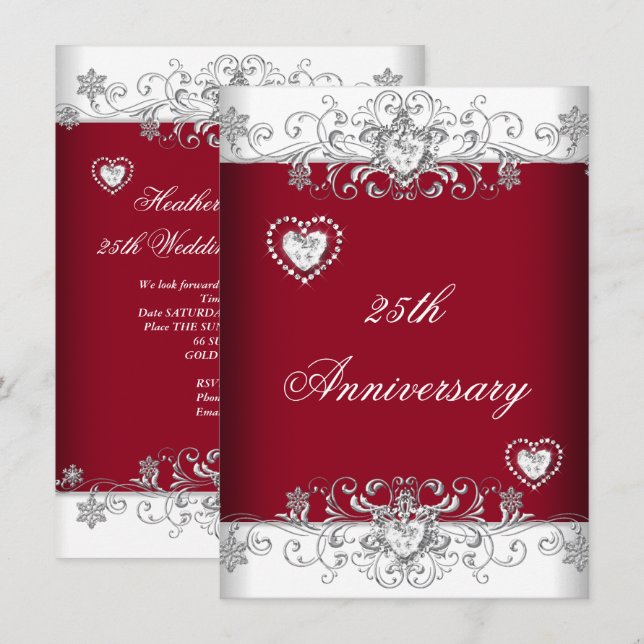 Burgundy 25th Wedding Anniversary Diamond Hearts Invitation (Front/Back)