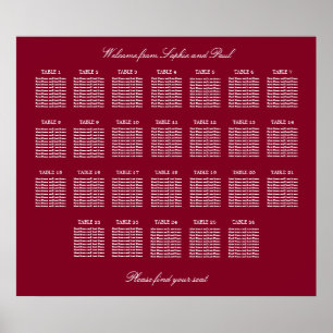 Burgundy 26 Table Wedding Seating Chart Poster