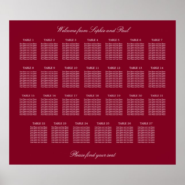 Burgundy 27 Table Wedding Seating Chart Poster (Front)