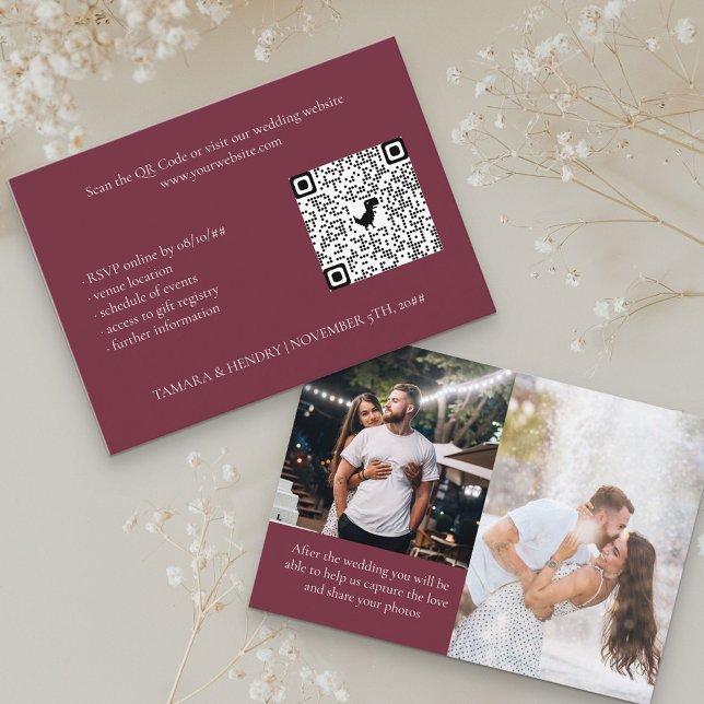 Burgundy 2 Photo Online RSVP QR Code Wedding Enclosure Card (Creator Uploaded)