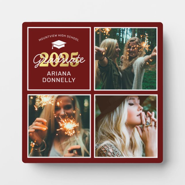 Burgundy 3 Photo Collage Graduation Plaque (Front)