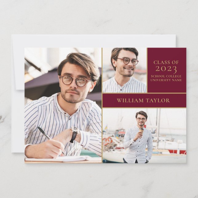 Burgundy 3 Photo Gold Graduation Party Invitation (Front)