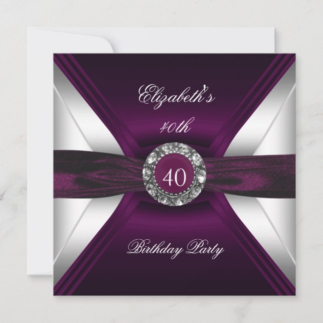 Burgundy 40th Birthday Diamond White Silver Party Invitation (Front)