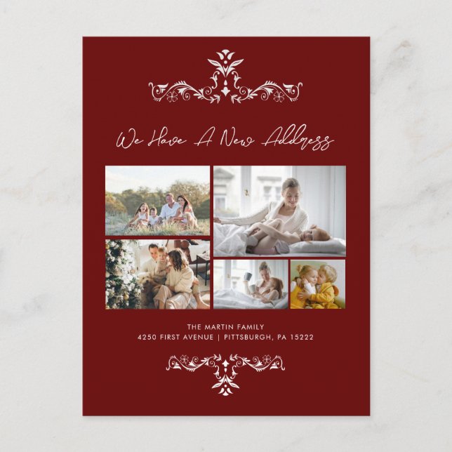 Burgundy 5 Photos Ornate Moving Announcement Postcard (Front)