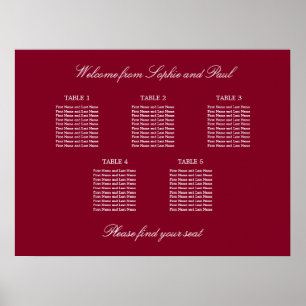 Burgundy 5 Table Wedding Seating Chart Poster