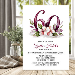 Burgundy 60 Floral 60th Birthday Party Invitation