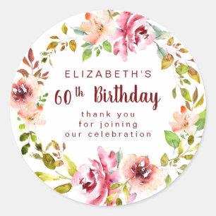 Burgundy 60th Birthday Floral Wreath Thank You Classic Round Sticker