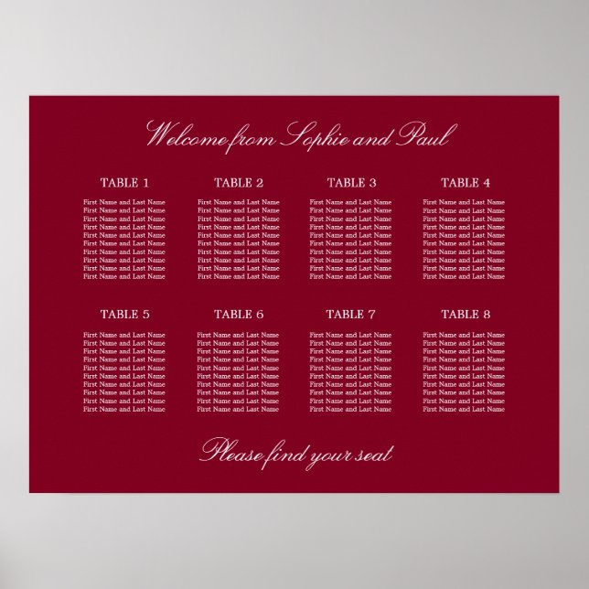 Burgundy 8 Table Wedding Seating Chart Poster (Front)