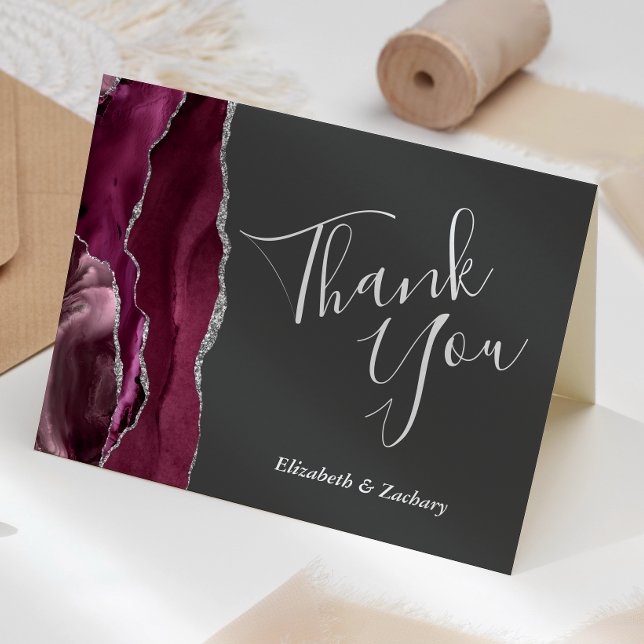 Burgundy Agate Charcoal Grey Wedding Thank You Card (Creator Uploaded)
