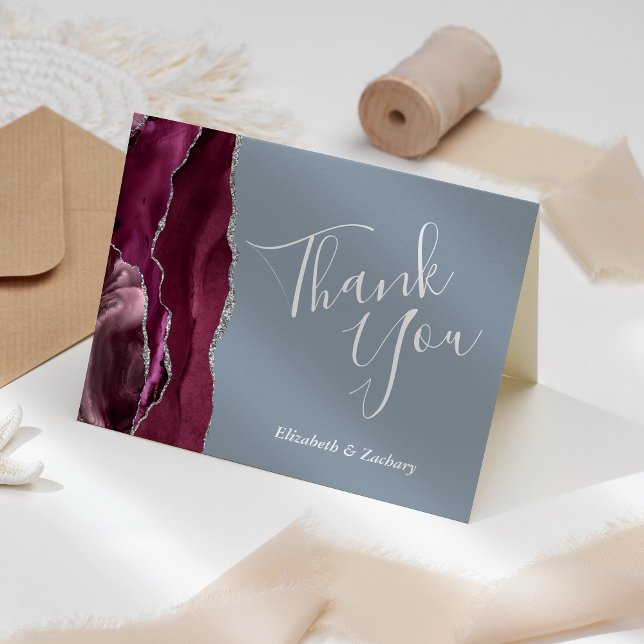 Burgundy Agate Dusty Blue Wedding Thank You Card (Creator Uploaded)