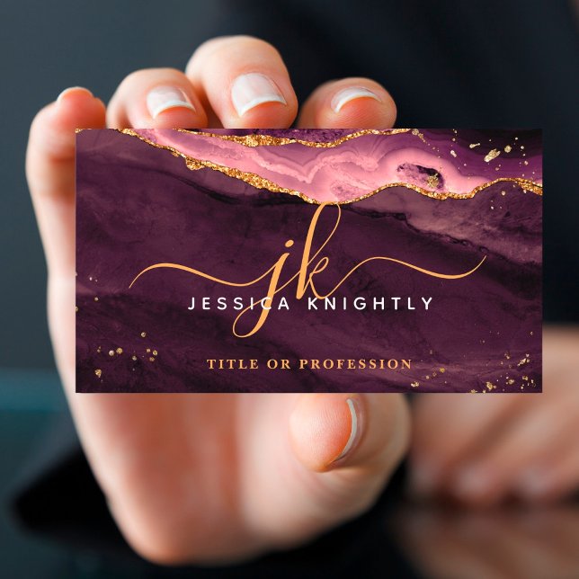Burgundy Agate Geode Monogram Gold Script Business Card (Creator Uploaded)
