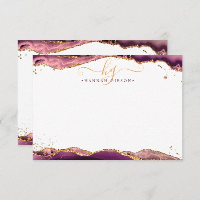 Burgundy Agate Geode Monogram Script Gold Glitter Card (Front/Back)