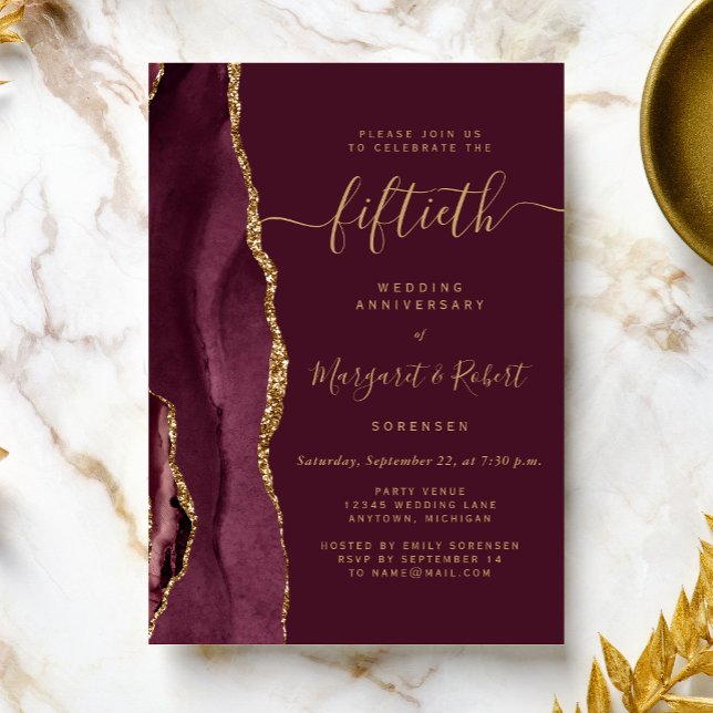 Burgundy Agate Gold 50th Anniversary Party Invitation (Creator Uploaded)