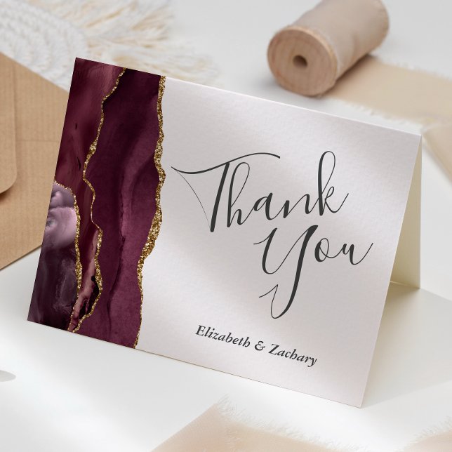 Burgundy Agate Gold Blush Wedding Thank You Card (Creator Uploaded)