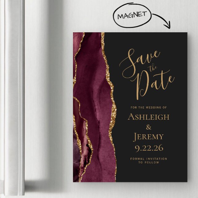 Burgundy Agate Gold Dark Magnetic Save the Date (Creator Uploaded)