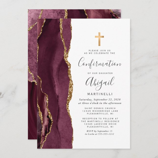  Burgundy Agate Gold Glitter Confirmation Invitation (Front/Back)