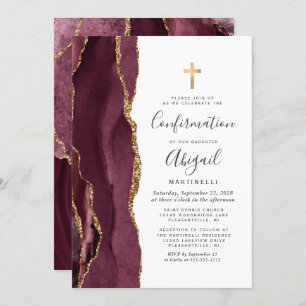 Burgundy Agate Gold Glitter Confirmation Invitation