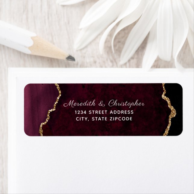 Burgundy Agate Gold Glitter Wedding Return Address (Insitu)