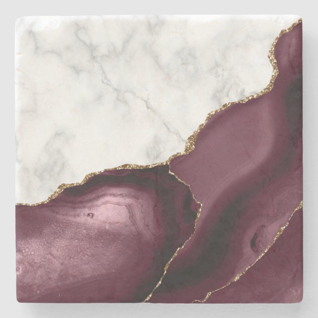 Burgundy Agate Gold Glitter White Faux Marble Stone Coaster (Front)
