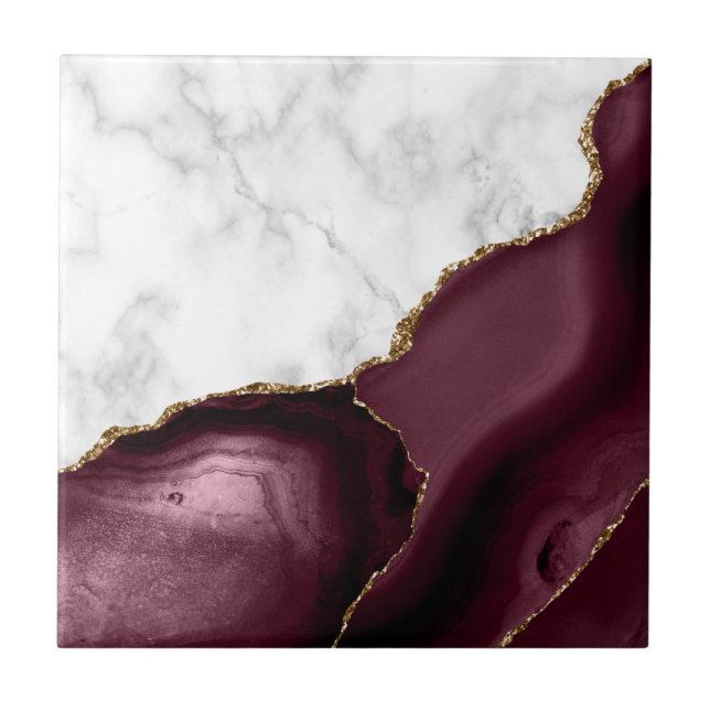Burgundy Agate Gold Glitter White Marble Tile (Front)