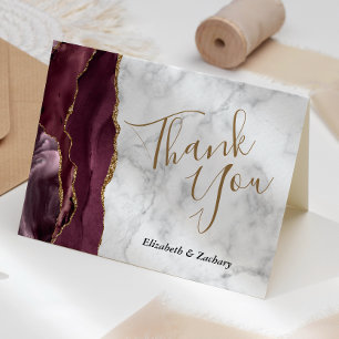Burgundy Agate Gold Grey Marble Wedding Thank You Card