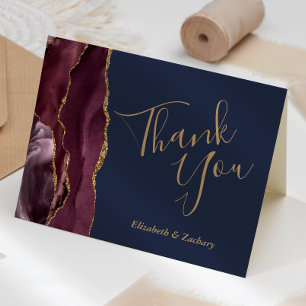 Burgundy Agate Gold Navy Blue Wedding Thank You Card