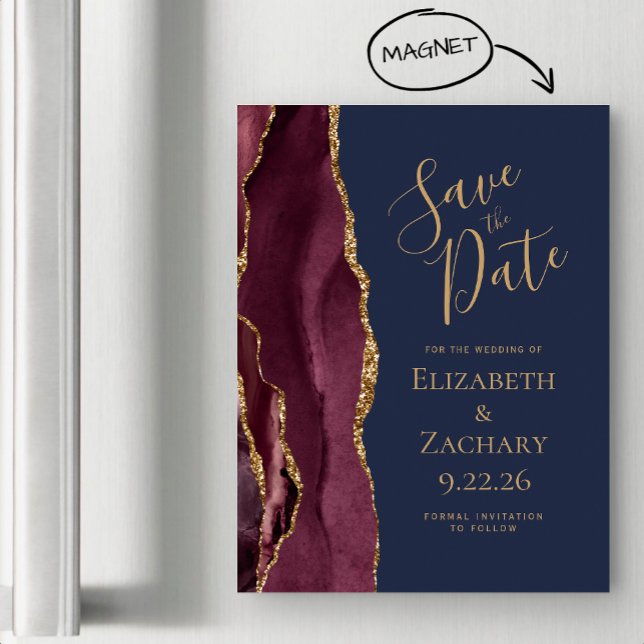 Burgundy Agate Gold Navy Magnetic Save the Date (Creator Uploaded)