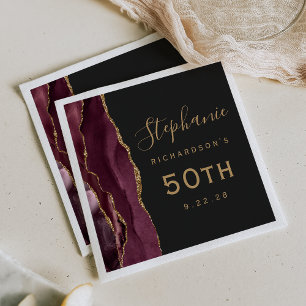 Burgundy Agate Gold Script Dark 50th Birthday Napkin