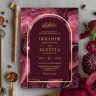 Burgundy Agate Marble Arch Muslim Wedding Invitation