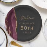 Burgundy Agate Marble Gold Dark 50th Birthday Paper Plate<br><div class="desc">These elegant modern 50th birthday plates feature a burgundy watercolor design trimmed with faux gold glitter on an off-black background. Easily customise the gold-coloured text with the guest of honour's name and birthday.</div>
