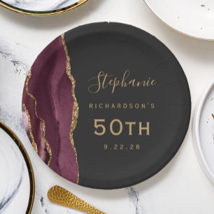 Burgundy Agate Marble Gold Dark 50th Birthday Paper Plate