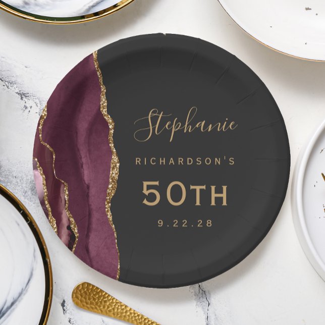 Burgundy Agate Marble Gold Dark 50th Birthday Paper Plate (Creator Uploaded)