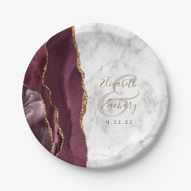 Burgundy Agate Marble Gold Script Wedding Paper Plate (Front)