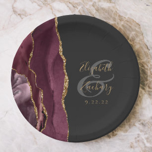 Burgundy Agate Marble Gold Script Wedding Paper Plate