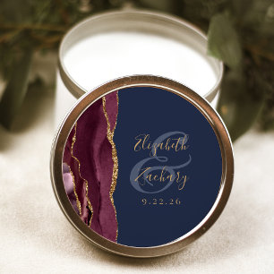Burgundy Agate Navy Blue Gold Script Wedding Classic Round Sticker