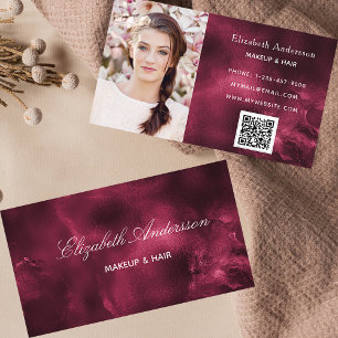 Burgundy agate photo qr code elegant business card