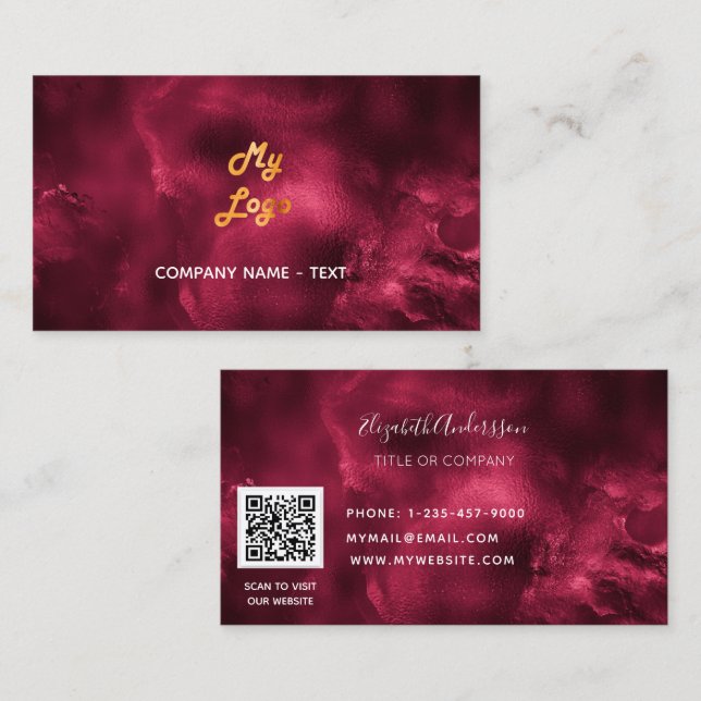 Burgundy agate qr code logo elegant business card (Front/Back)