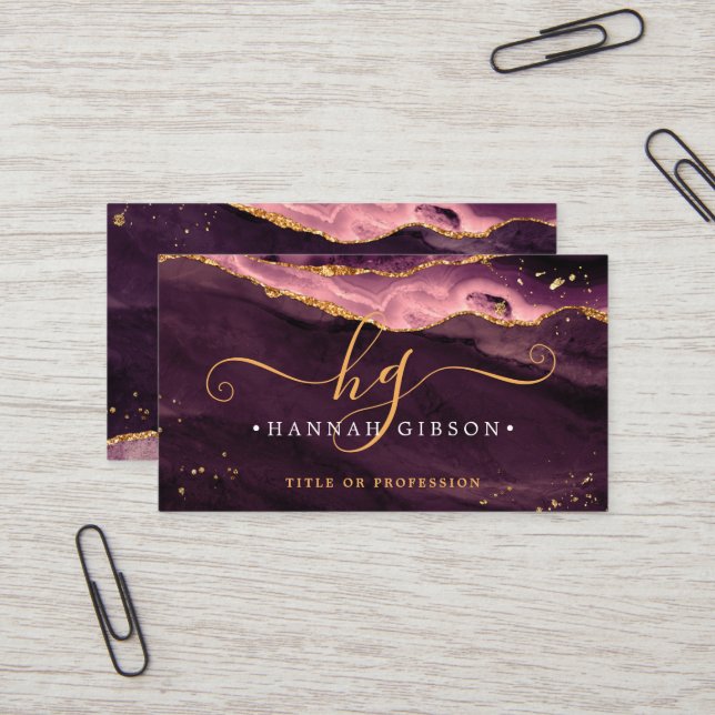  Burgundy Agate Script Monogram Faux Gold Glitter Business Card (Front/Back In Situ)
