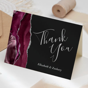 Burgundy Agate Silver Dark Wedding Thank You Card