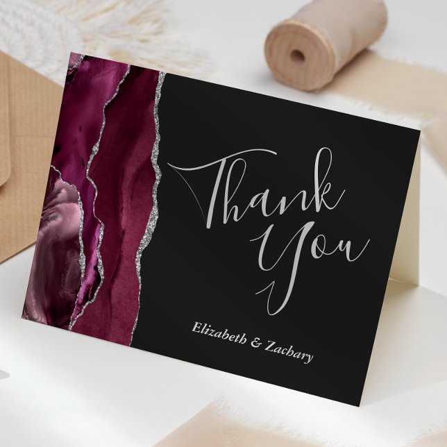 Burgundy Agate Silver Dark Wedding Thank You Card (Creator Uploaded)