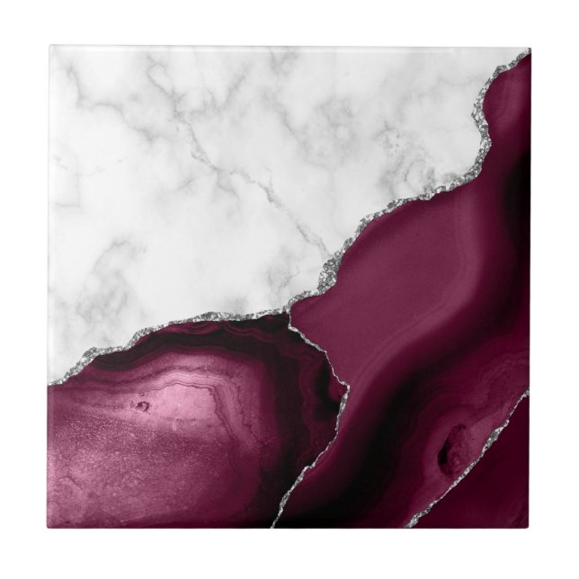Burgundy Agate Silver Glitter White Marble Tile (Front)