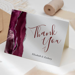 Burgundy Agate Silver Light Grey Wedding Thank You Card