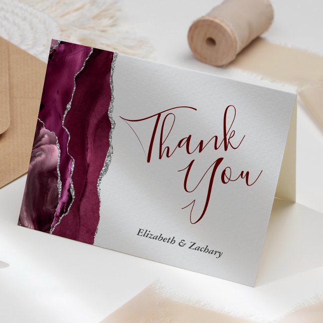 Burgundy Agate Silver Light Grey Wedding Thank You Card (Creator Uploaded)